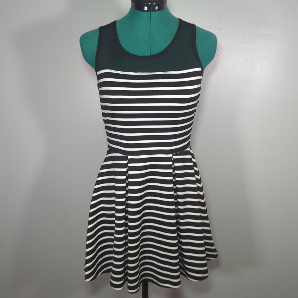 Poof Black White Striped Fit Flare Skater Mini Dress Small Retro Preppy
